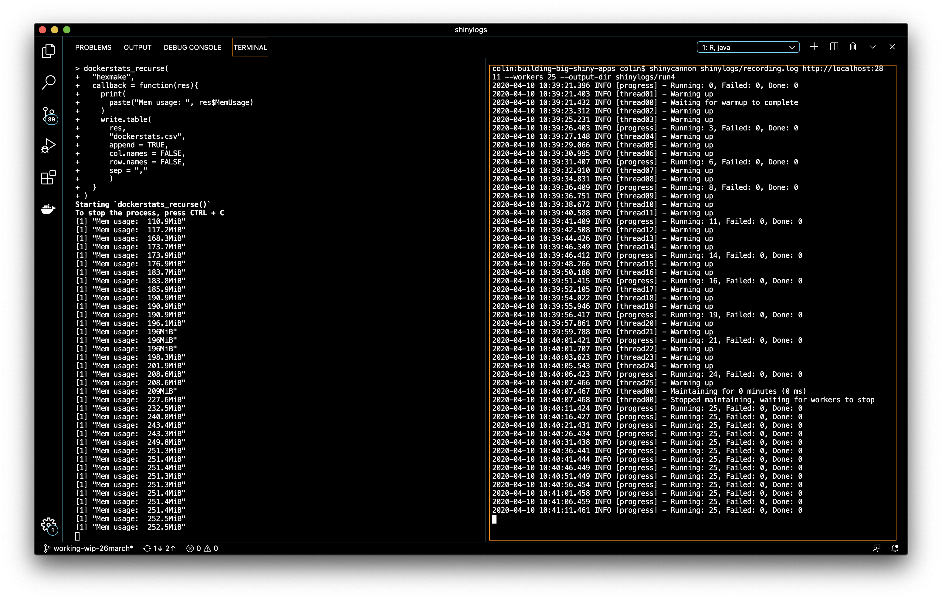 {dockerstats} and shinycannon running side-by-side at the same time.