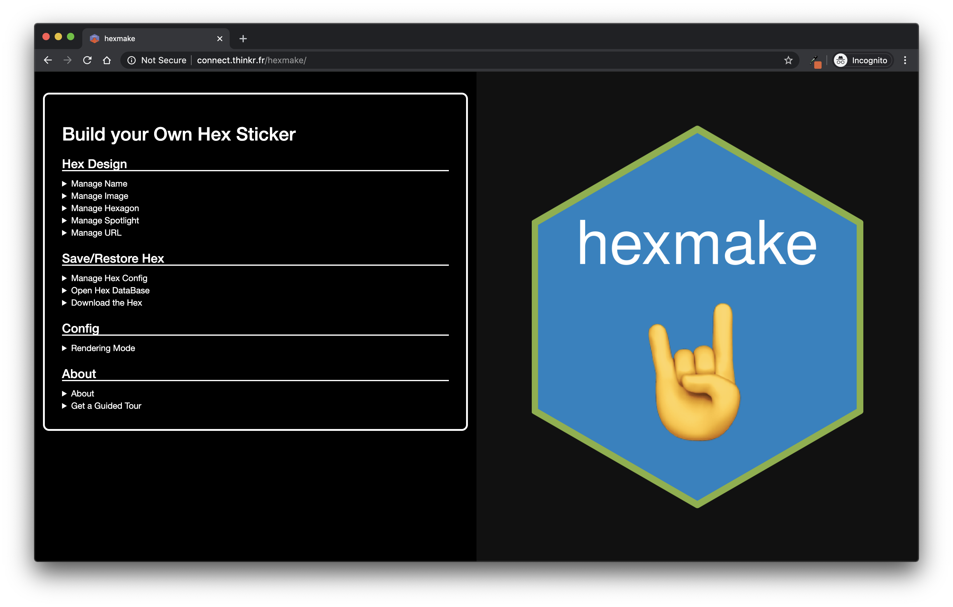 Snapshot of the {hexmake} {shiny} application on https://connect.thinkr.fr/hexmake/.