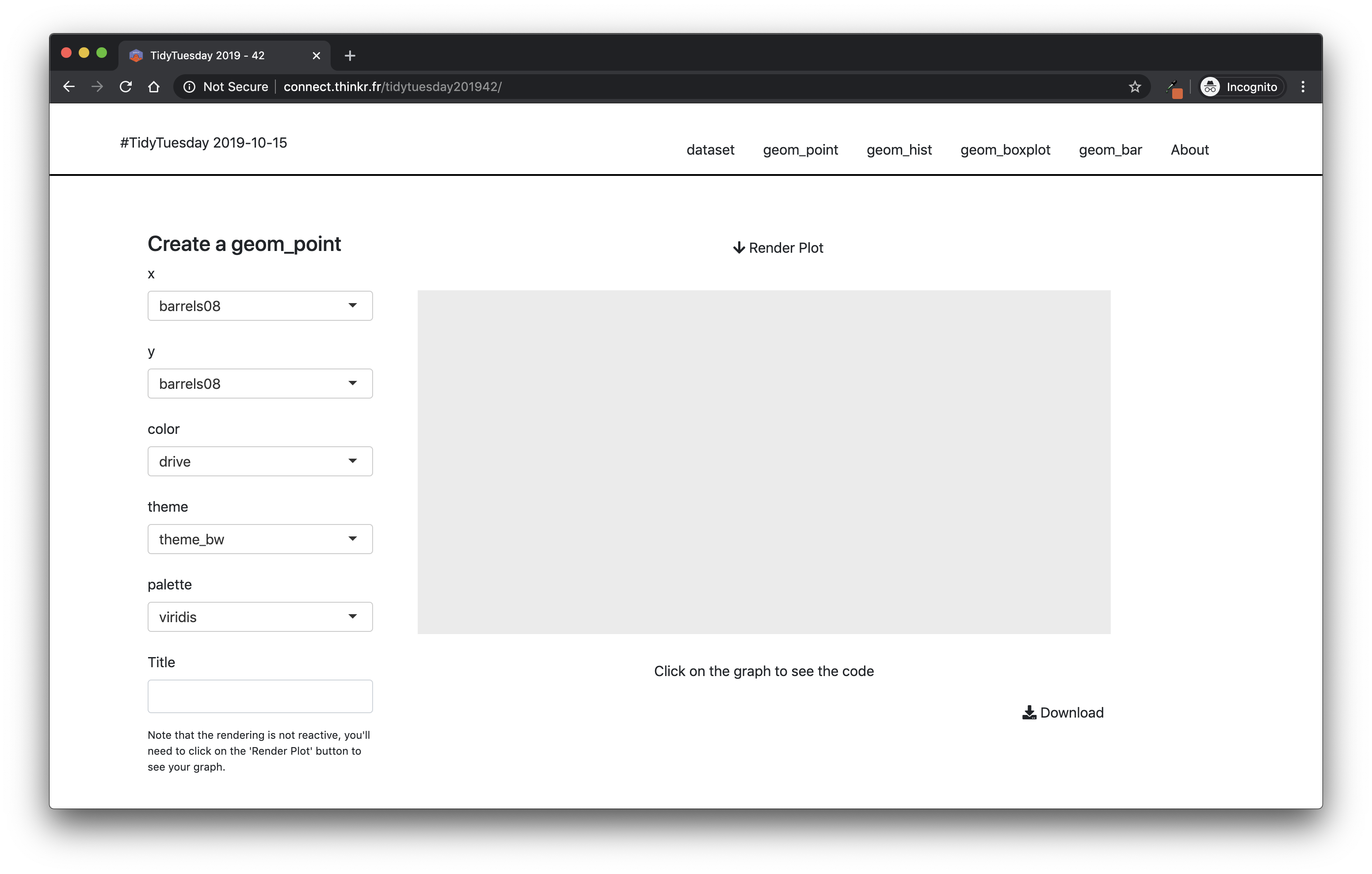 Snapshot of {tidytuesday201942} without borders around the “Render Plot” button.